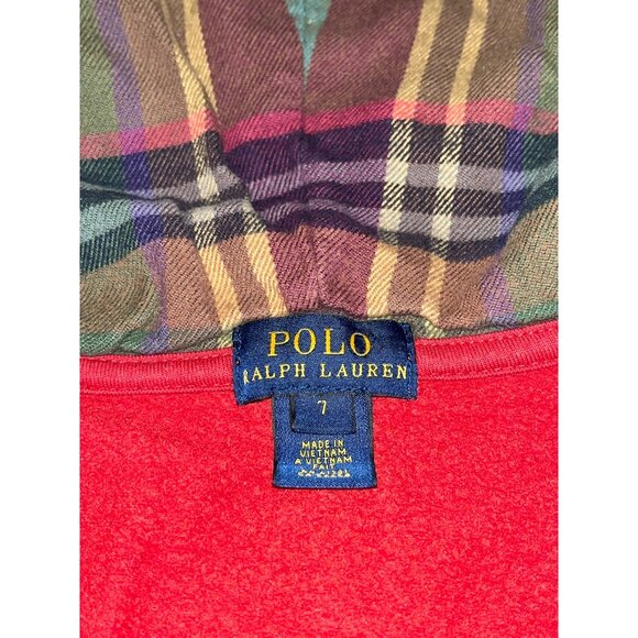 Polo Ralph Lauren Kids Red Full-Zip Hoodie Jacket Size 7 Plaid Hood Lining Cotto - Picture 5 of 8